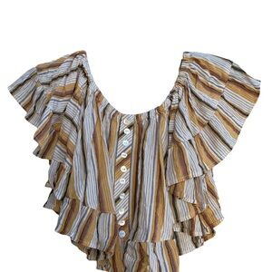 Angie Striped Ruffle Off-Shoulder Top in Mustard, Cream, Brown, and Gray